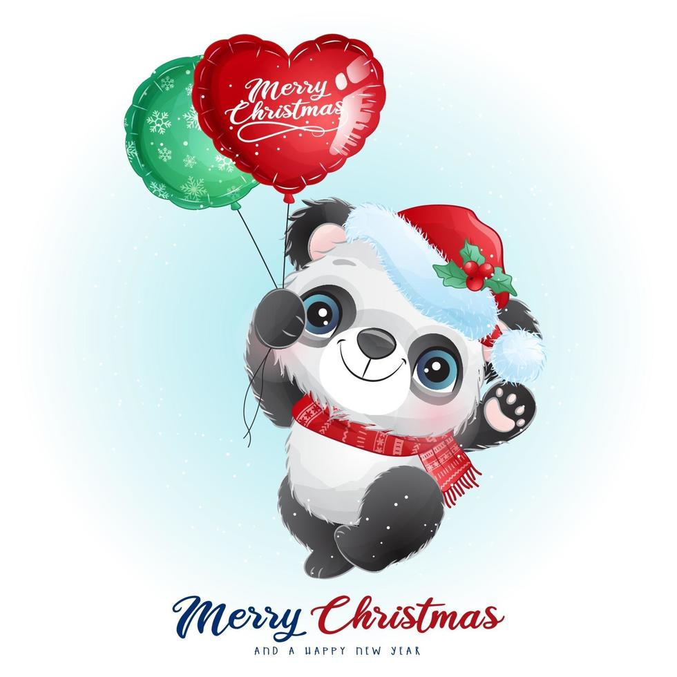 schattige doodle panda voor kerstdag met aquarel illustratie vector