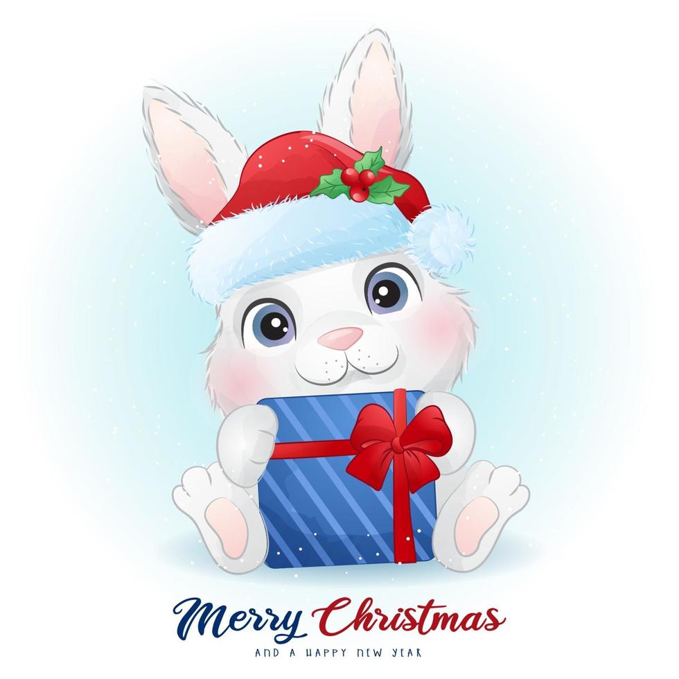 schattig doodle konijn voor kerstdag met aquarel illustratie vector