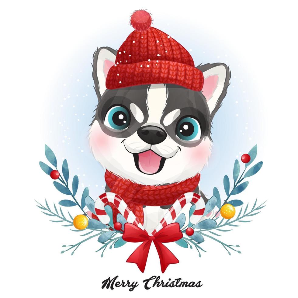 schattige doodle puppy voor Kerstmis met aquarel illustratie vector