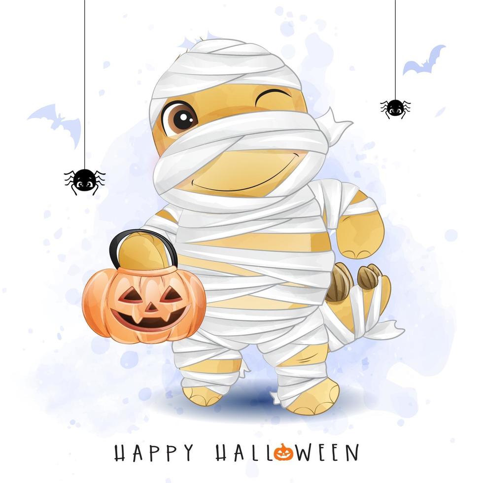 schattige doodle dinosaurus voor Halloween-dag met aquarel illustratie vector