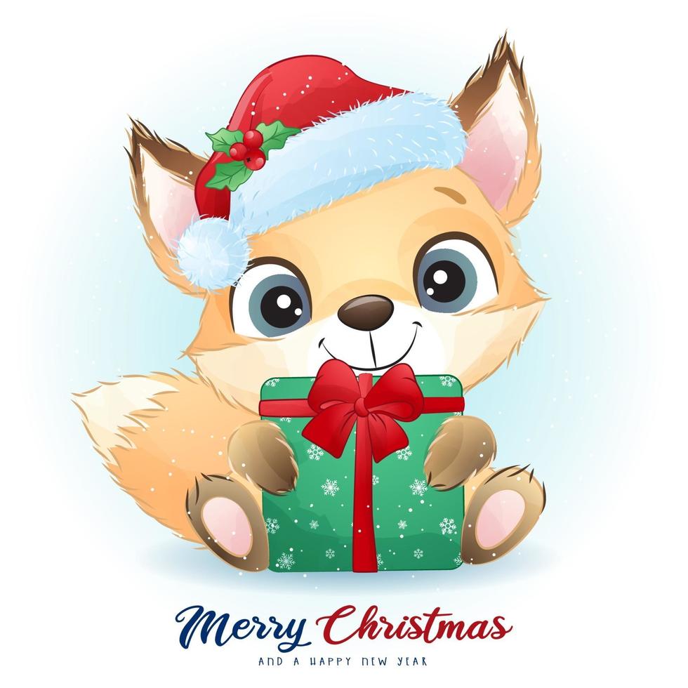 schattige doodle foxy voor kerstdag met aquarel illustratie vector