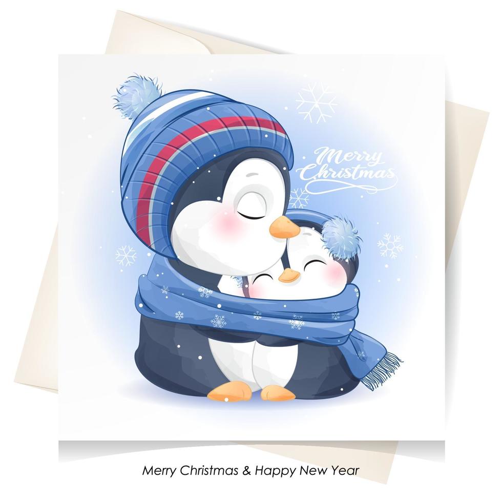 schattige doodle pinguïn voor kerst met aquarel illustratie vector