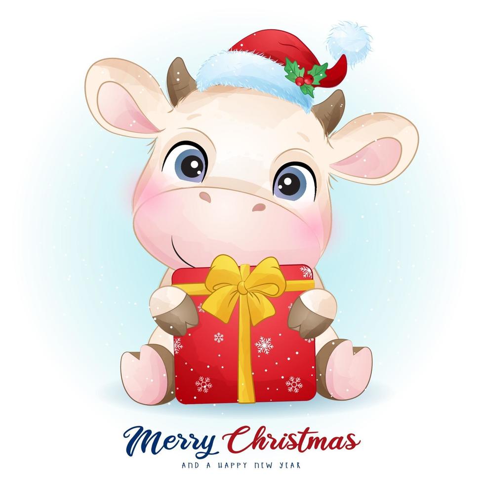 schattige doodle koe voor kerstdag met aquarel illustratie vector
