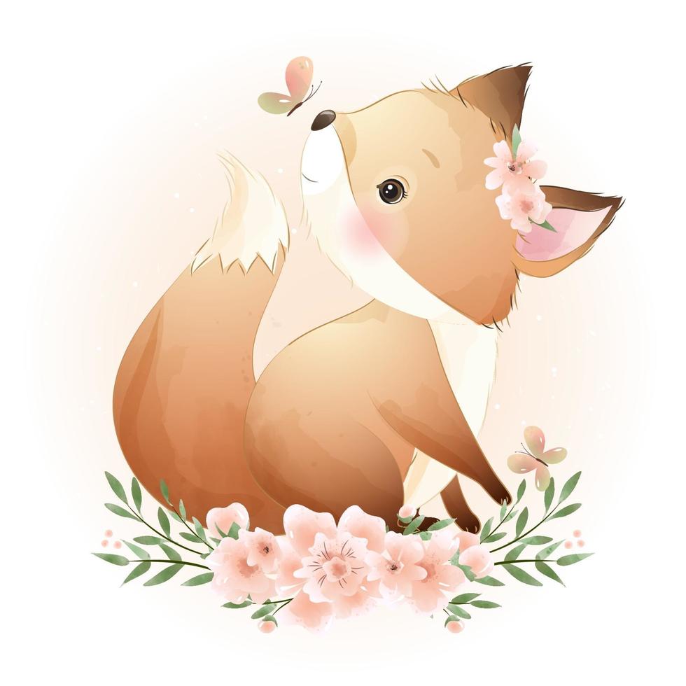 schattige doodle foxy met bloemenillustratie vector