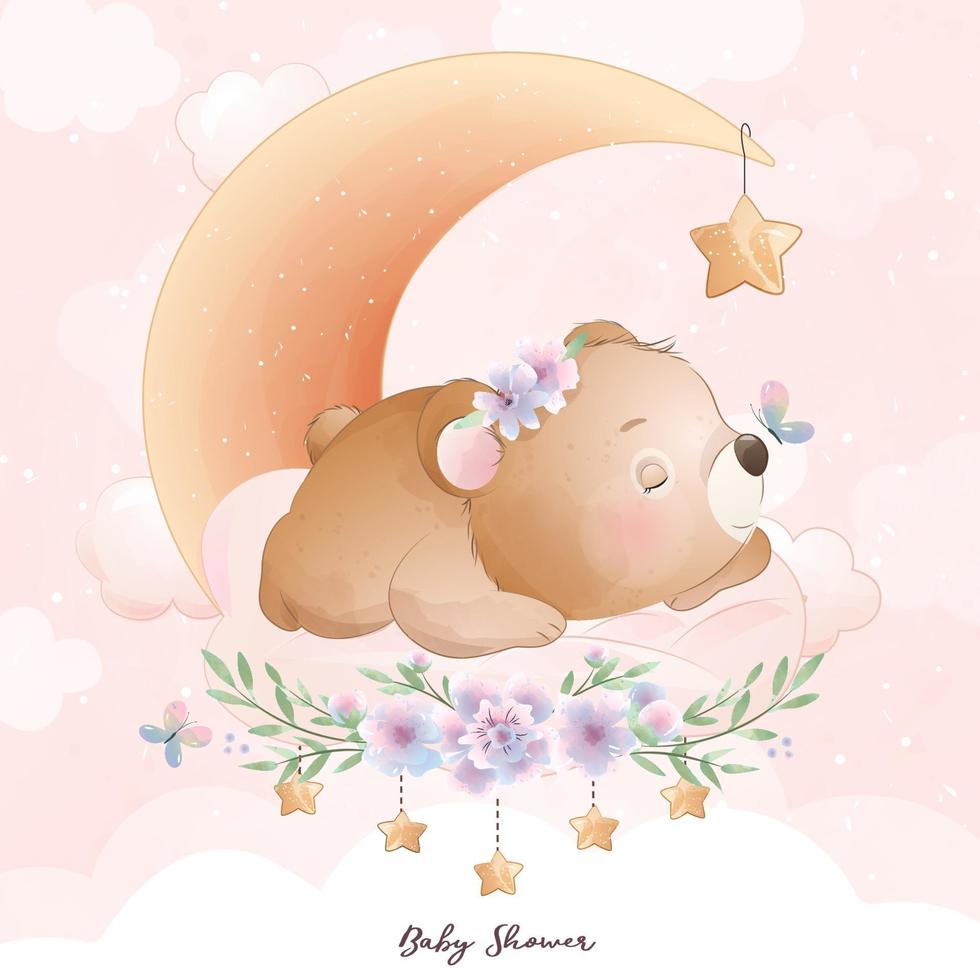 schattige doodle beer met bloemen illustratie vector