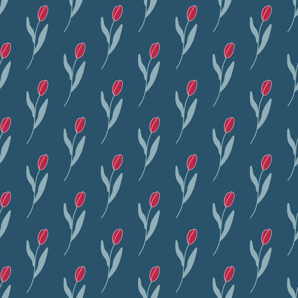 mooi bloem patroon. eindeloos ornament met tulpen Aan donker blauw achtergrond. minimalistisch stijl afdrukken in zacht kleuren. vector illustratie.