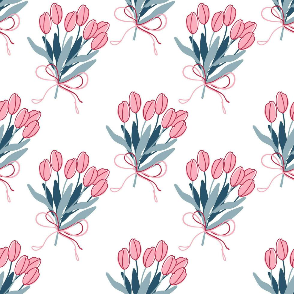 naadloos patroon met bloem boeketten. eindeloos ornament met tulpen Aan wit achtergrond. minimalistisch stijl afdrukken in retro zacht kleuren. vector illustratie.