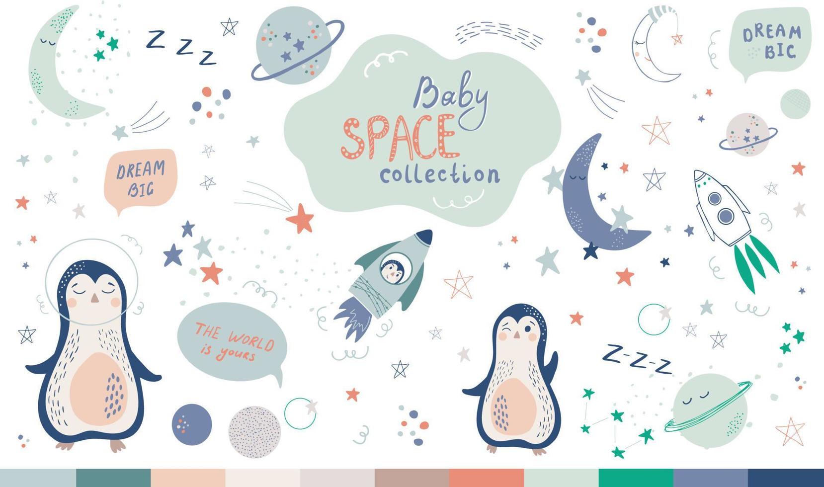 baby kosmisch verzameling. hand- getrokken reeks van vector illustraties met astronauten, raketten, sterren en planeten. mooi zo voor baby kinderkamer decor, baby douche, affiches, kinderen kleren, boeken, textiel.