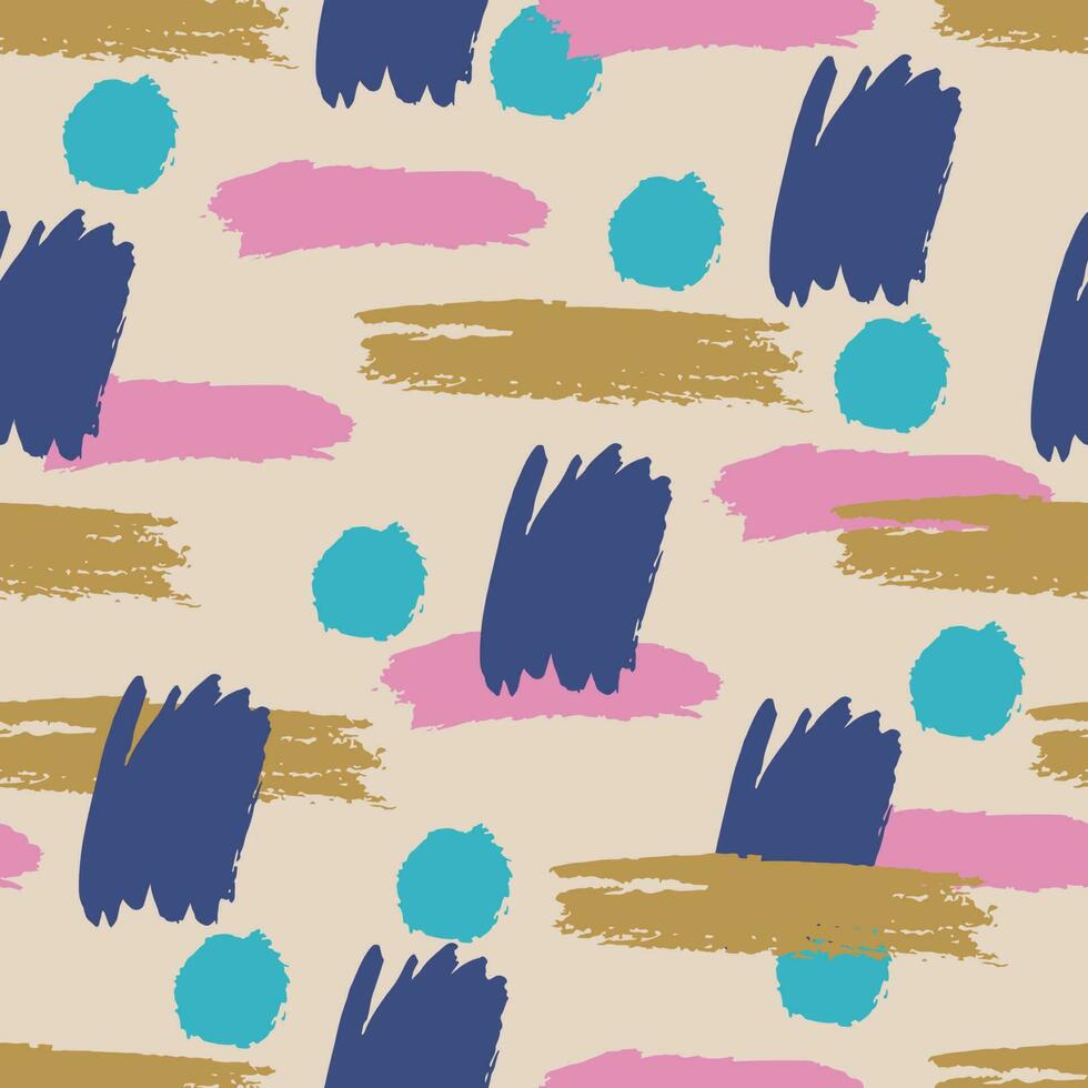kleurrijk grunge naadloos patroon met cirkel, lijnen, strepen, abstract hand- getrokken borstel beroertes en verf spatten. oneindigheid textuur, modern grungy achtergrond. vector