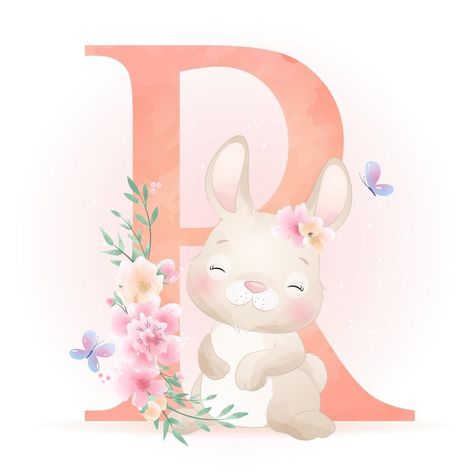 schattig doodle konijn met bloemen illustratie vector