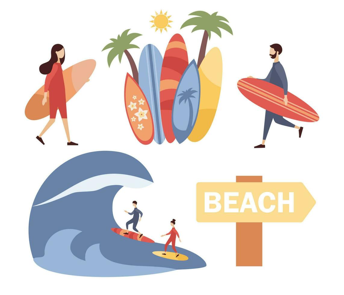 surfen set. surfing levensstijl zomer concept. surfer mensen. surfplanken met verschillend patronen, palm boom, Golf. strand water sport. vector vlak illustratie