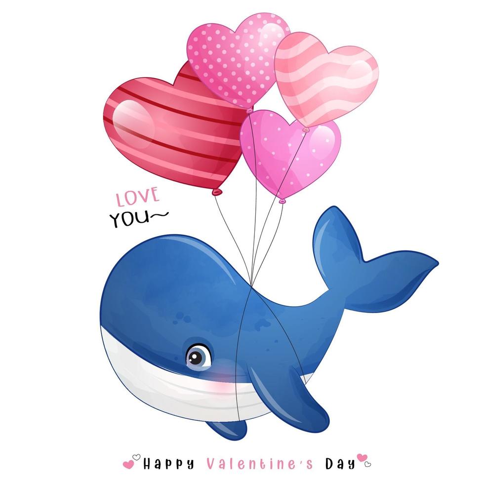 schattige doodle walvis voor Valentijnsdag vector