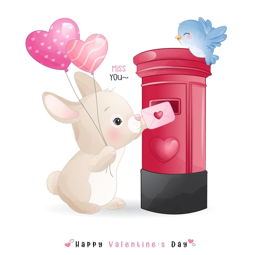 schattig doodle konijntje voor Valentijnsdag vector