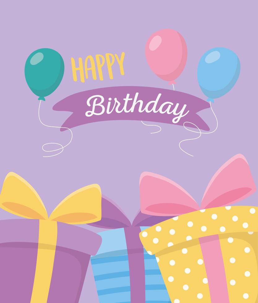 gelukkige verjaardag, geschenkdozen en feestkaart met ballondecoratie vector