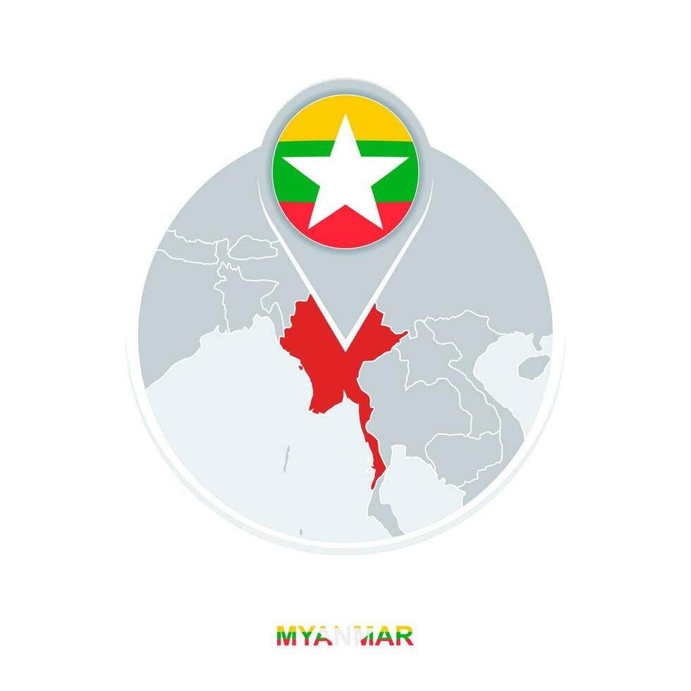 Myanmar kaart en vlag, vector kaart icoon met gemarkeerd Myanmar