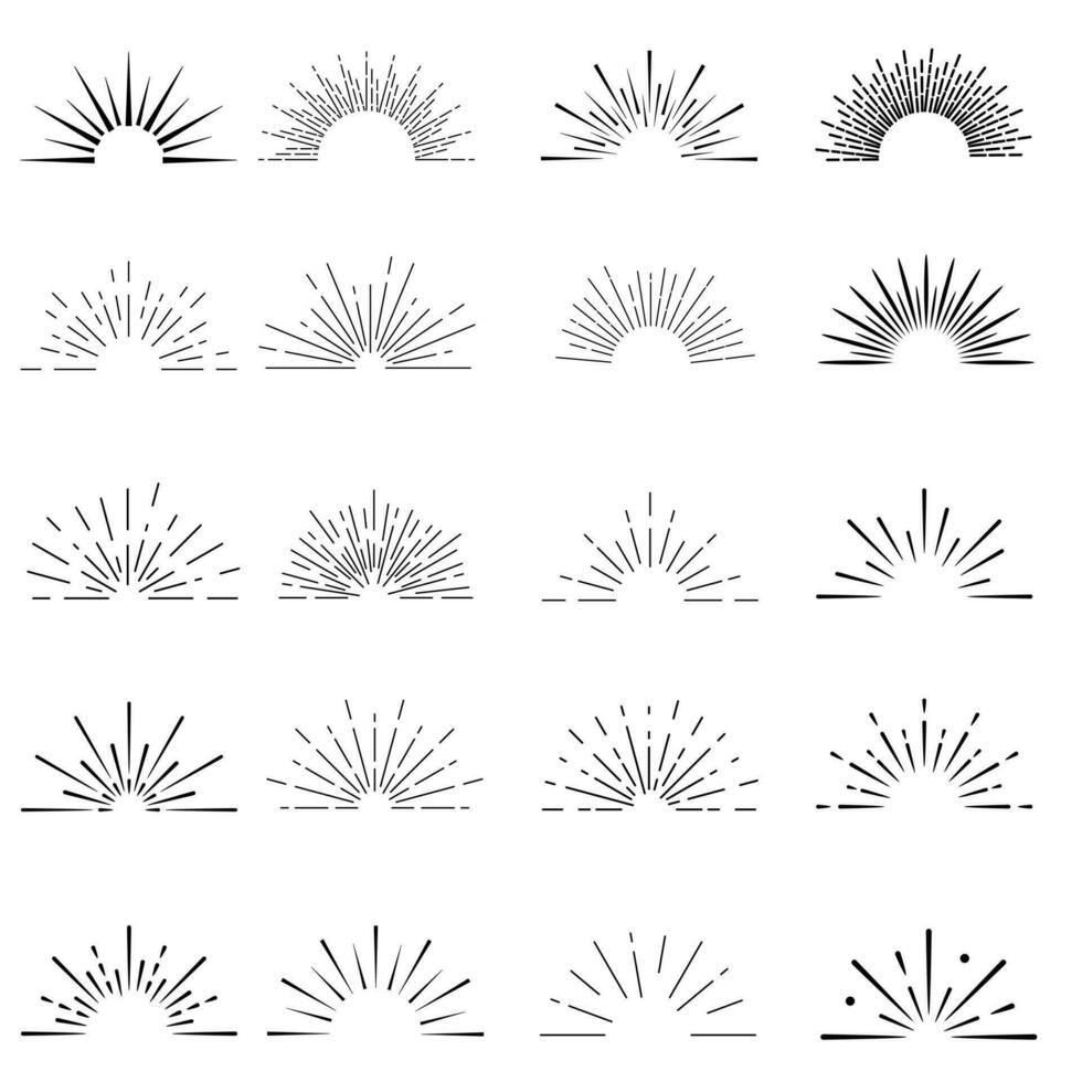 retro zonnestraal. zonsopkomst stralen licht barsten lijn schijnen zonneschijn zonnestraal wijnoogst grens vonk vuurwerk starburst voor emblemen logo en banier vector geïsoleerd reeks