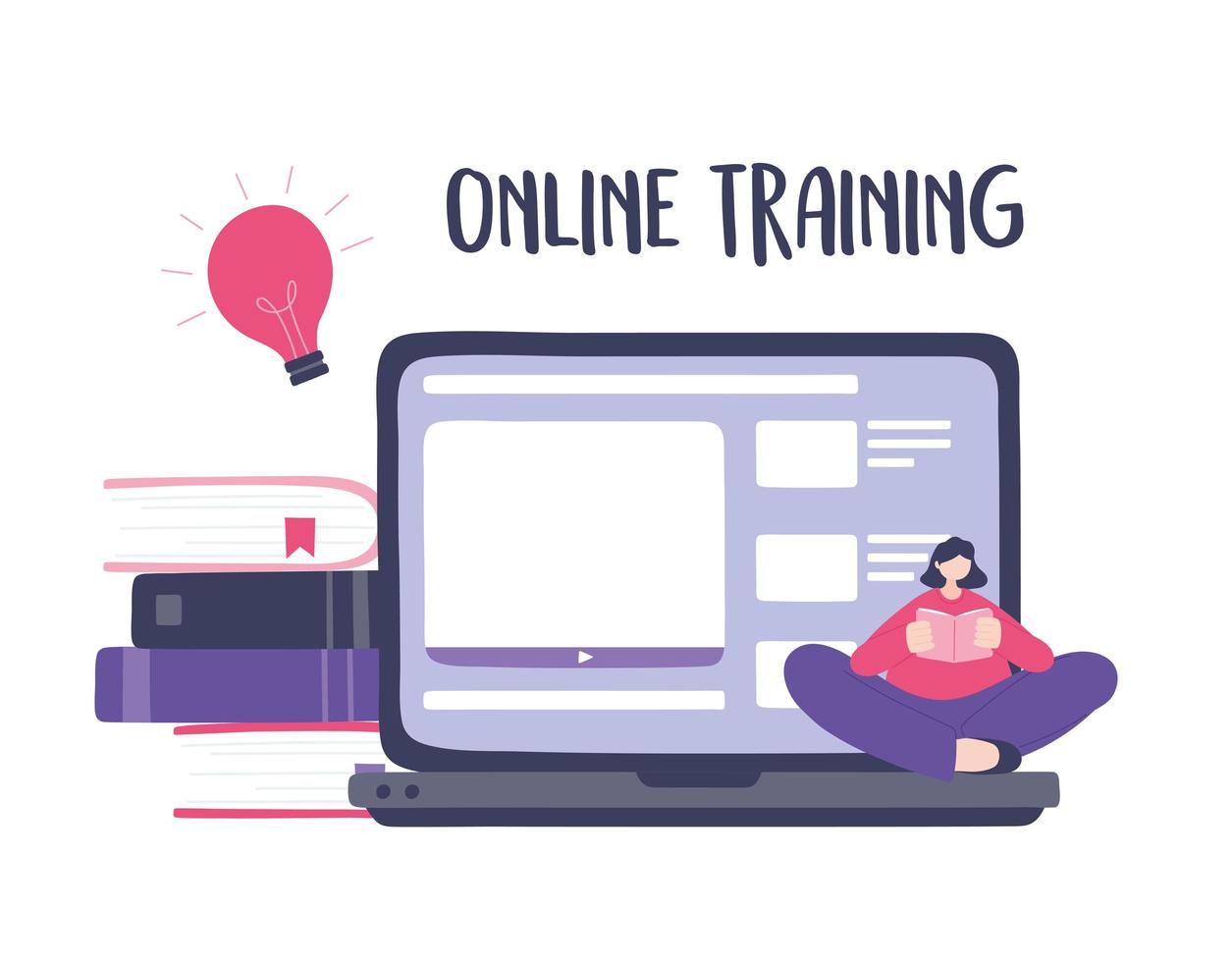 online training met meisje dat een boek leest over laptopinhoud vector