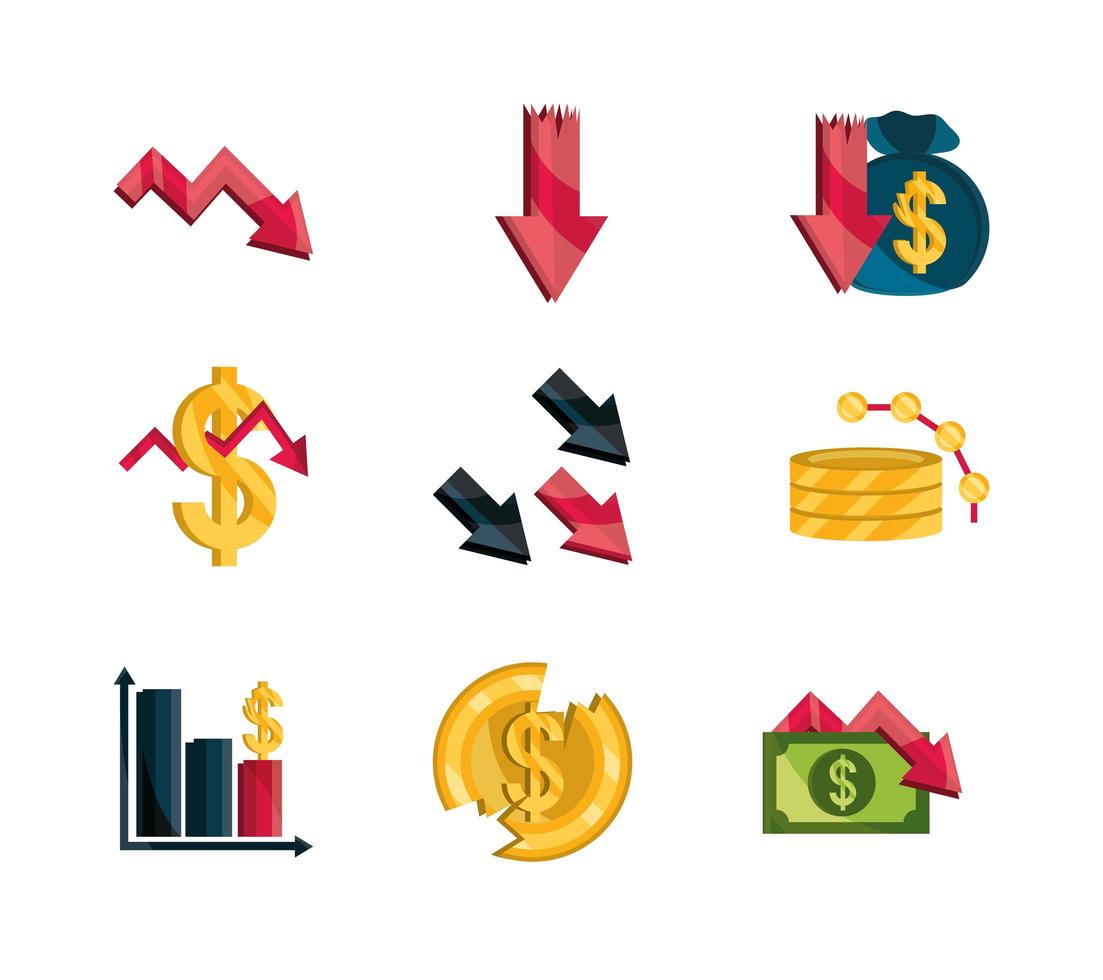 financiële bedrijfscrisis, beurscrash icon set vector