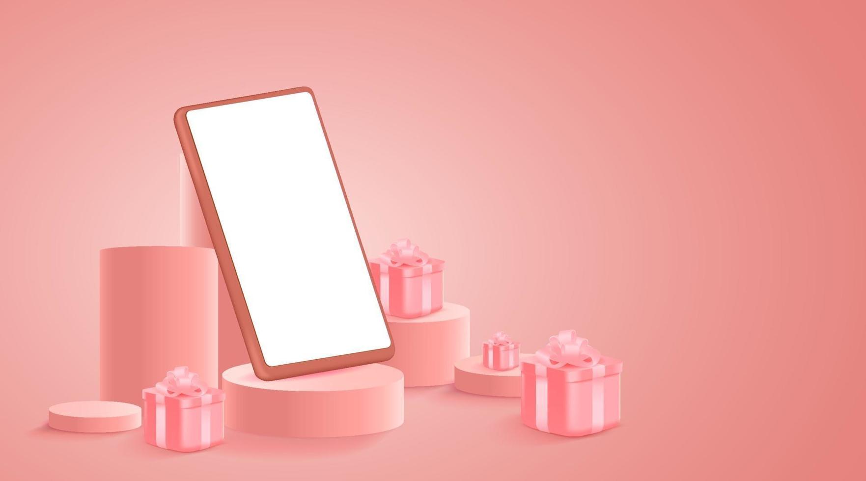 minimalistische mockup. smartphone op het podium of podium voor productpresentatie of showcase op roze achtergrond. vector illustratie.