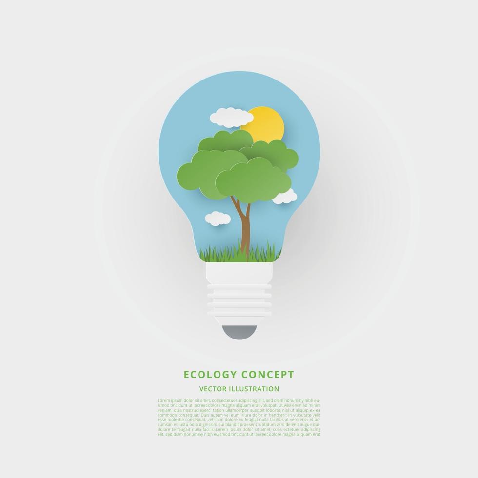 ecologie concept met gloeilamp, boom, zon, lucht en wolken. papier gesneden stijl. vector illustratie.