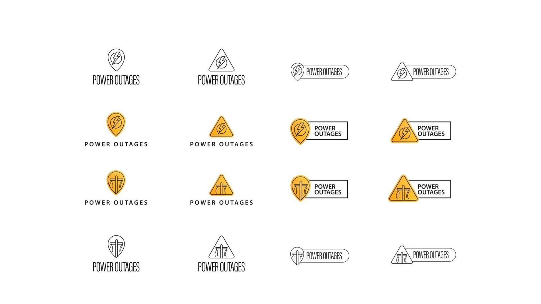 stroomuitval, grote verzameling tekens, symbolen en logo's geïsoleerd op een witte achtergrond. waarschuwing gele symbolen concepten, zonder elektriciteit vector