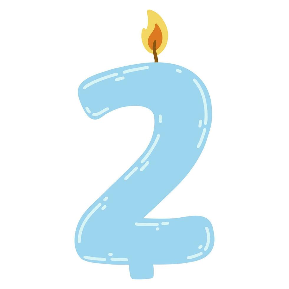 kaars aantal twee in vlak stijl. hand- getrokken vector illustratie van 2 symbool brandend kaars, ontwerp element voor verjaardag cakes