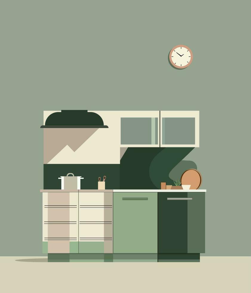 groen keuken met voorkant visie meubilair. 2d vlak beeld kamer interieur vector