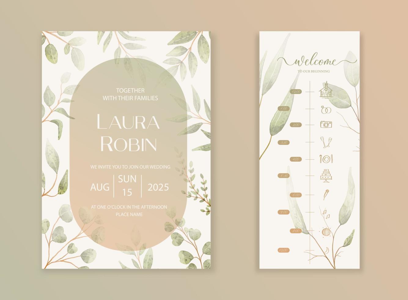 luxe bruiloft uitnodigingskaart achtergrond met groene aquarel botanische bladeren. abstract floral kunst achtergrond vector design voor bruiloft en vip voorbladsjabloon.