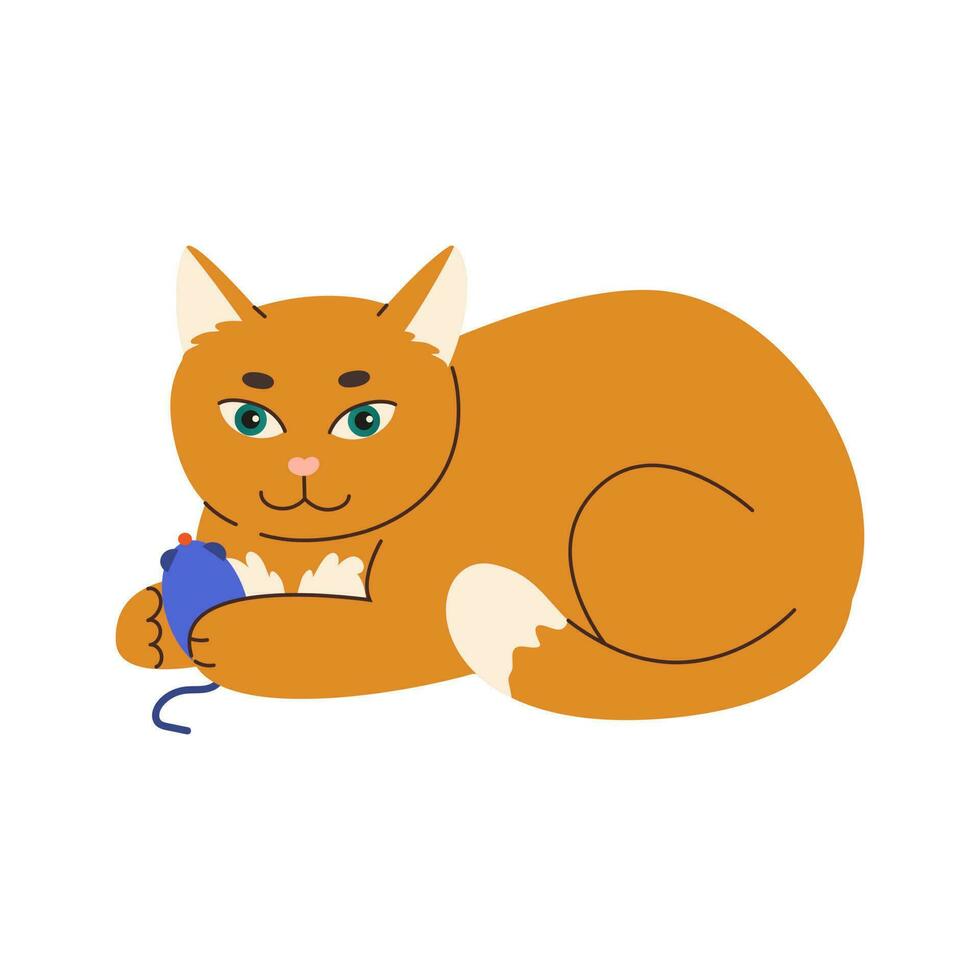schattig gember kat aan het liegen met een speelgoed- muis. kat houdt een muis in zijn poten. huiselijk dier vlak vector illustratie