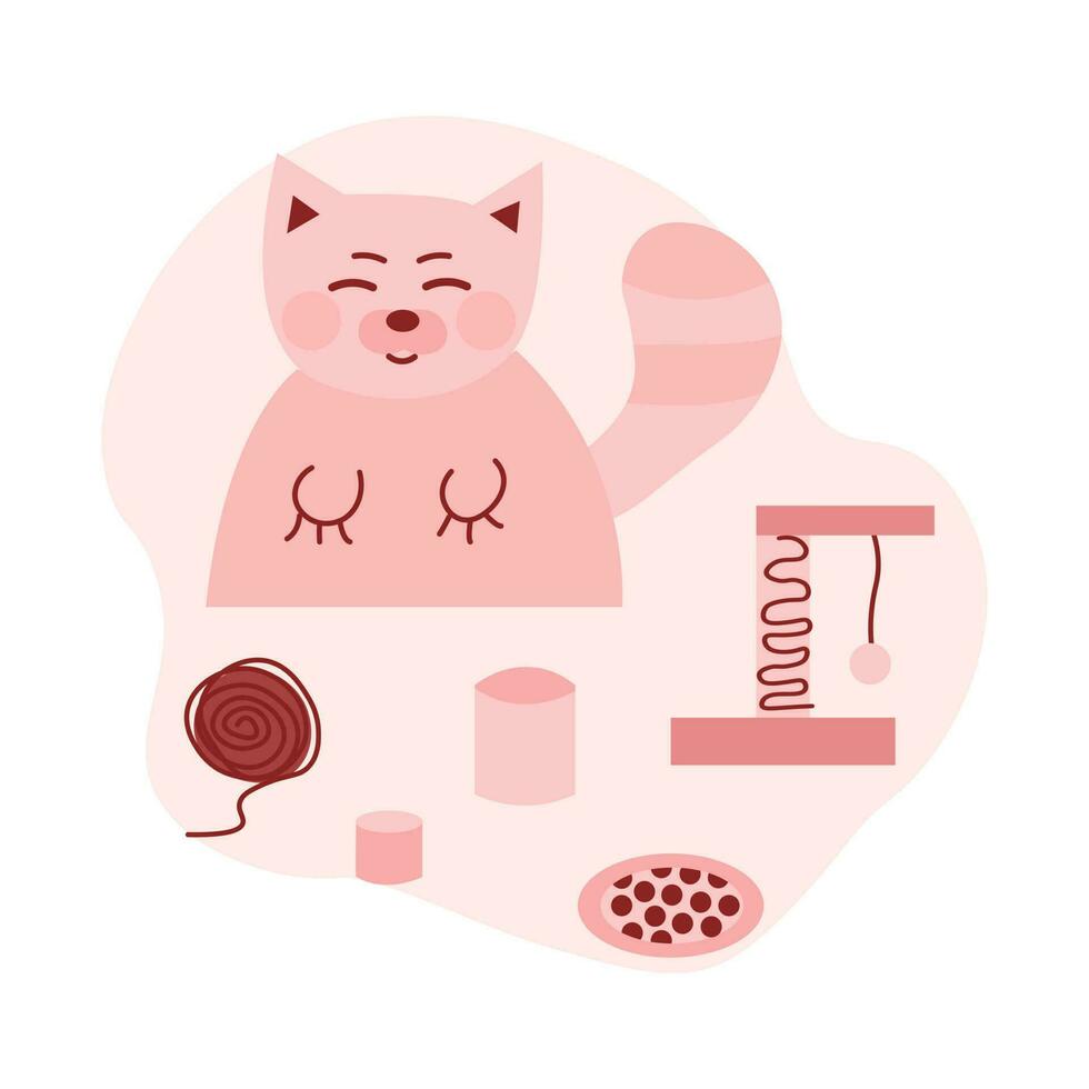 roze kat illustratie reeks met speelgoed en platen. kat spelen en leven kamer. vector