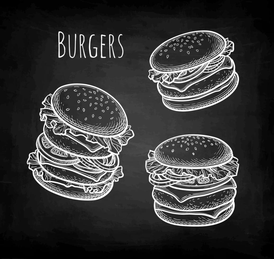 dubbele pasteitje hamburger, Hamburger en cheeseburger. verzameling van krijt schetsen Aan schoolbord achtergrond. hand- getrokken vector illustratie. retro stijl.