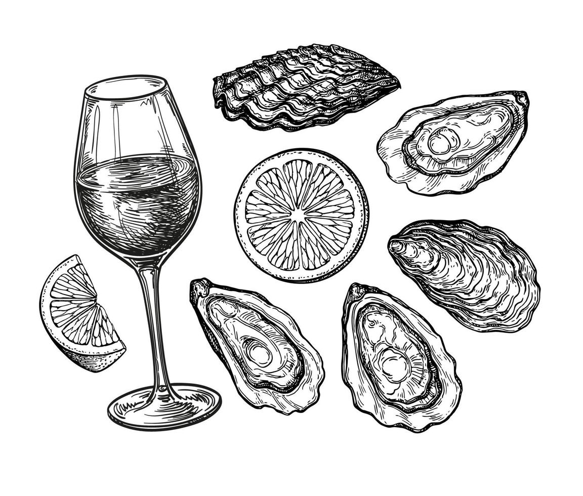 wijnglas en oesters met citroen. inkt schetsen geïsoleerd Aan wit achtergrond. hand- getrokken vector illustratie. retro stijl.