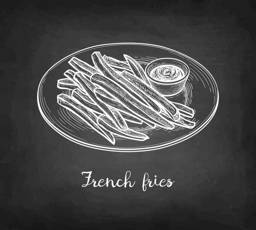 bord van Frans Patat met saus. gebakken aardappelen. krijt schetsen Aan schoolbord achtergrond. hand- getrokken vector illustratie. retro stijl.