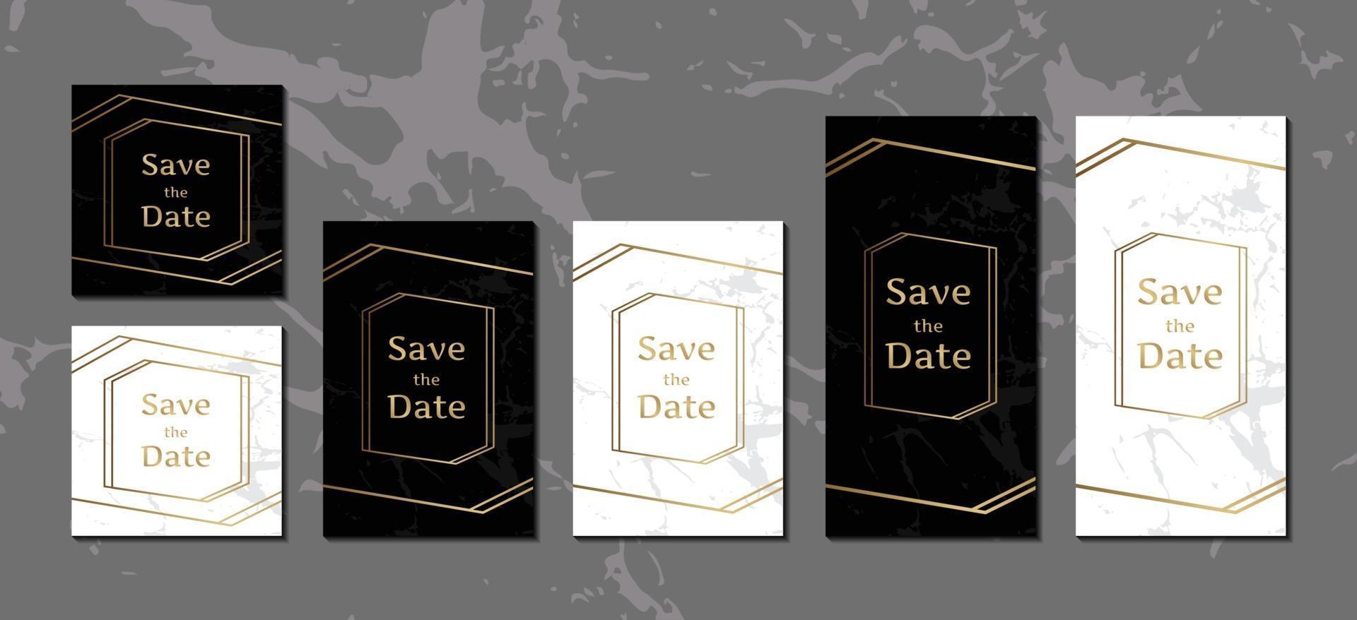 luxe uitnodigingskaarten zwart-wit marmeren achtergrondcollectie met gouden geometrische frame vector ontwerpsjabloon