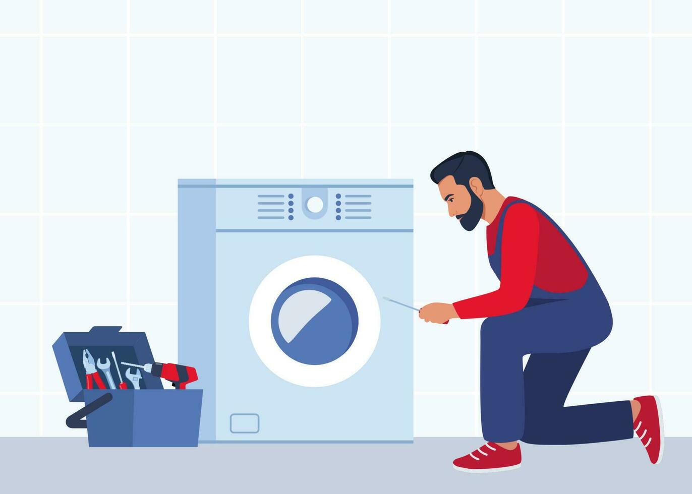 meester met reeks van professioneel gereedschap reparaties een het wassen machine. het wassen machines reparatie onderhoud. Mens karakter in uniform en het wassen machine met een afbreken. vector illustratie.