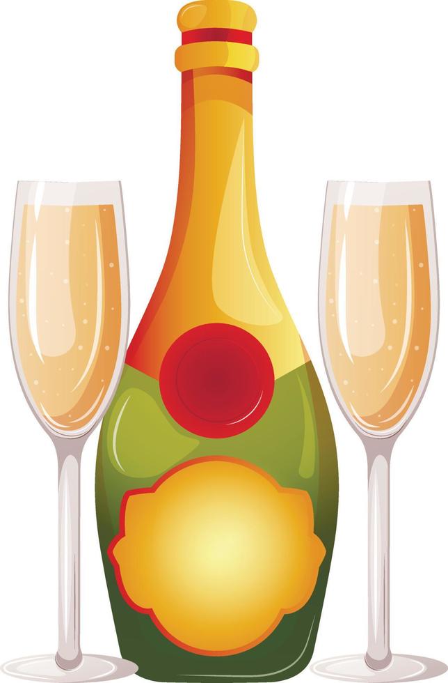 bril en fles van Champagne, sprankelend wijn vector illustratie. tekenfilm geïsoleerd elegant fles met goud etiket en 2 bril voor gelukkig verjaardag, Kerstmis en nieuw jaar groeten
