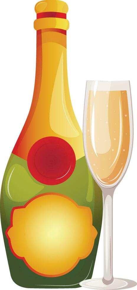 glas en fles van Champagne, sprankelend wijn, prosecco vector illustratie. tekenfilm geïsoleerd elegant fles met goud etiket en 2 bril voor gelukkig verjaardag, Kerstmis en nieuw jaar groeten