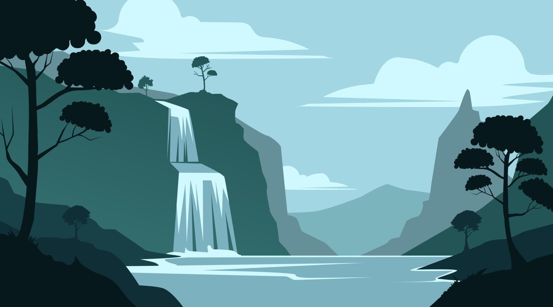 achtergrond silhouet, visie van watervallen, meren en bomen, tinten van groen vector