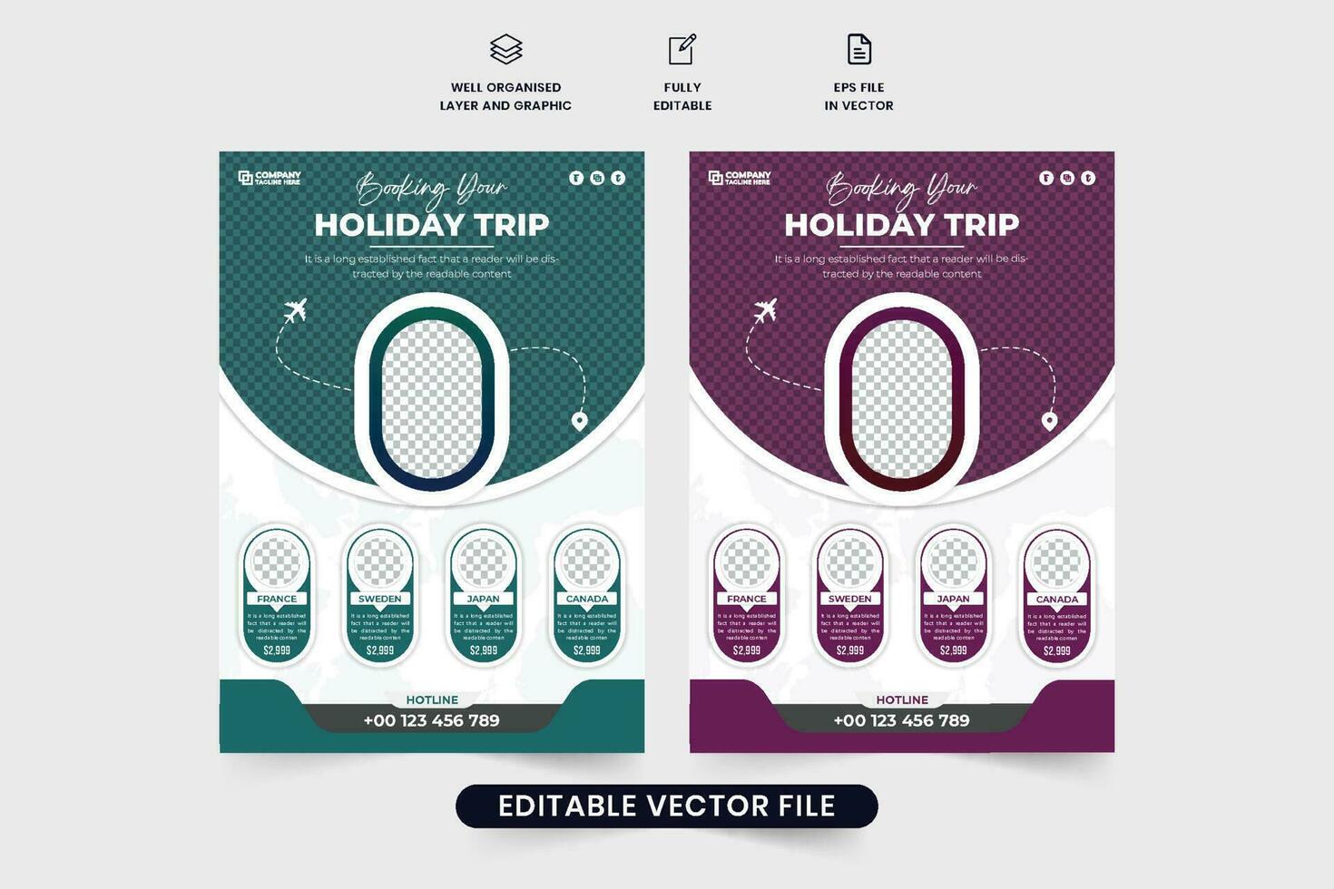 vakantie reis reservering en beheer bedrijf folder ontwerp met Purper en blauw kleuren. modern reizen agentschap promotionele brochure vector met foto tijdelijke aanduidingen. toeren groep advertentie folder vector.