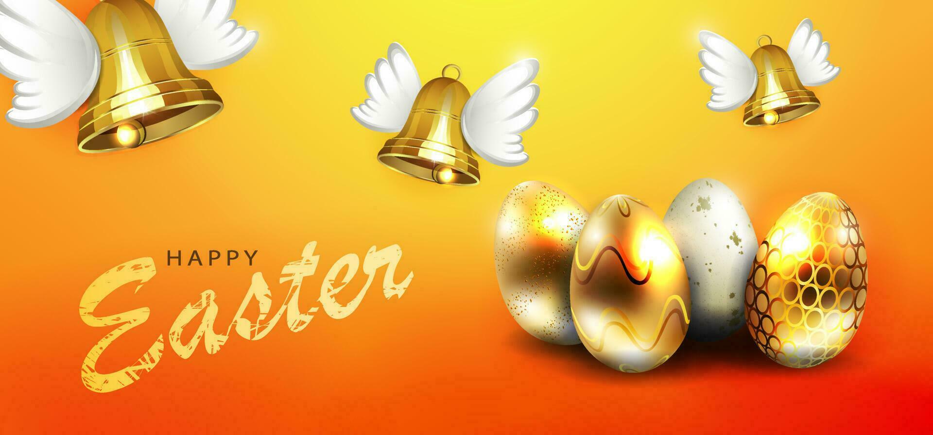 oranje illustratie met Pasen eieren en gouden gekleurde bellen. vector