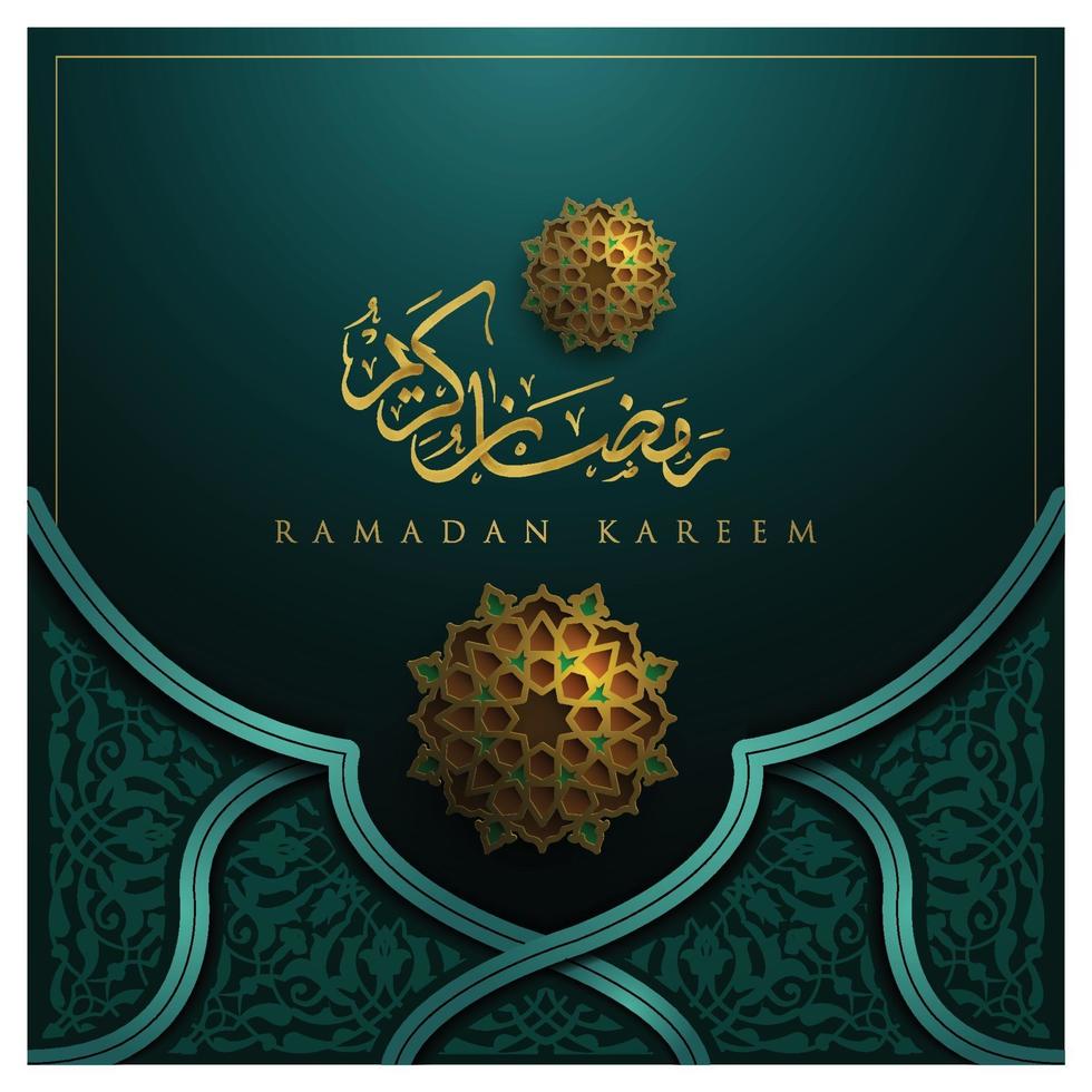 ramadan kareem wenskaart islamitische bloemmotief vector ontwerp met gloeiende gouden Arabische kalligrafie