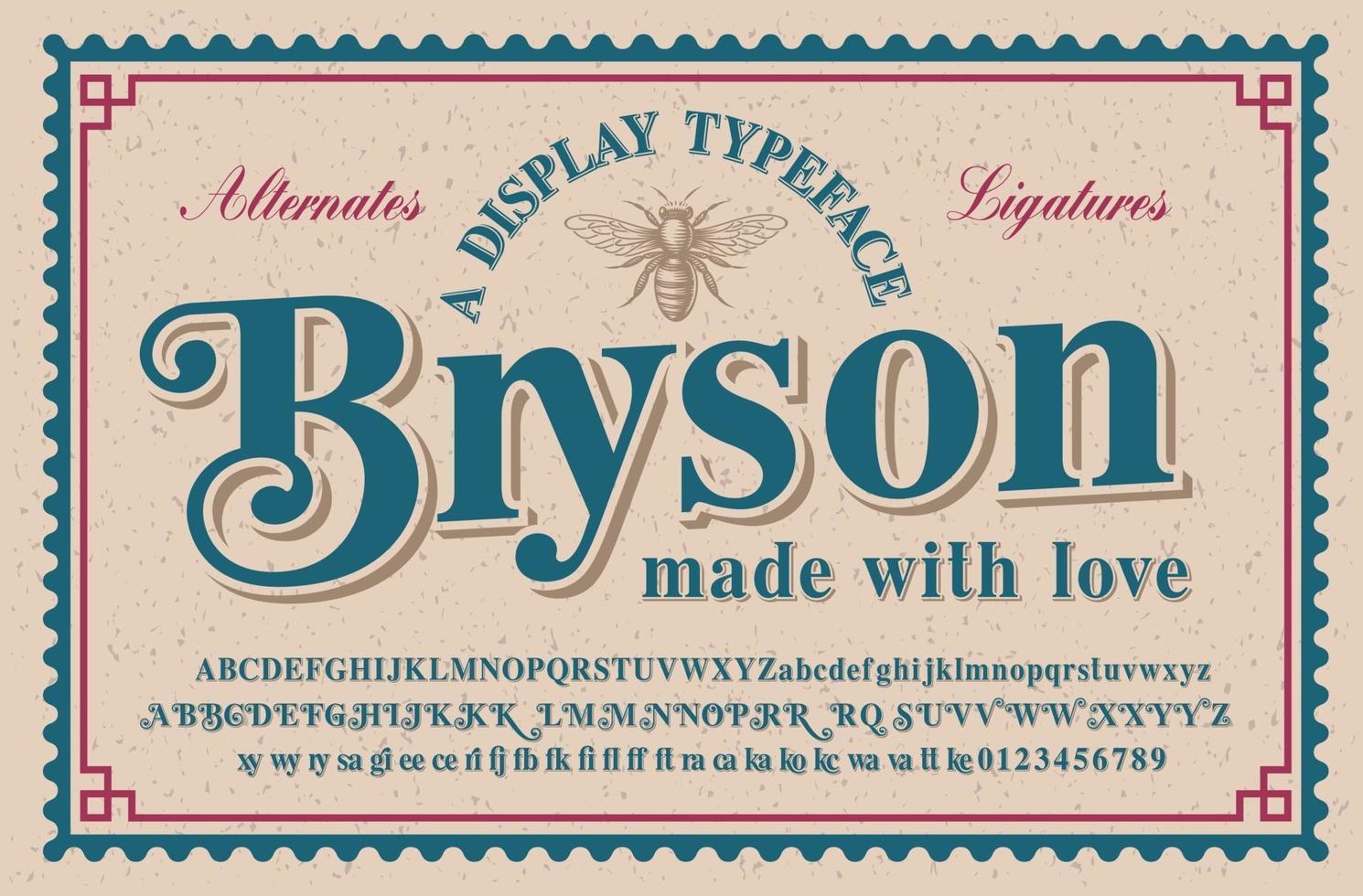 een vintage serif-lettertype met een groot aantal plaatsvervangers en ligaturen, dit lettertype ziet er beter uit voor koppen of korte zinnen en kan worden gebruikt voor alcoholetiketten, retro-emblemen en voor vele andere toepassingen. vector