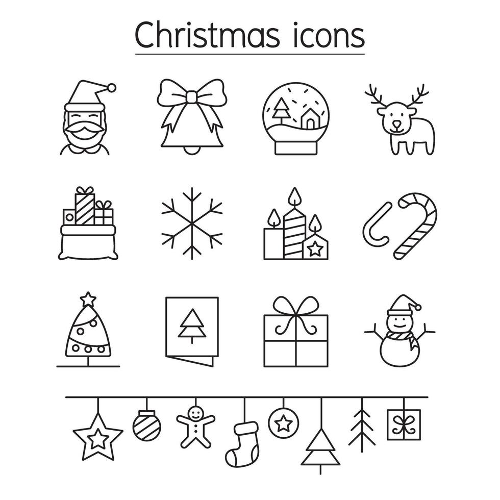 Kerst pictogrammenset in dunne lijnstijl vector