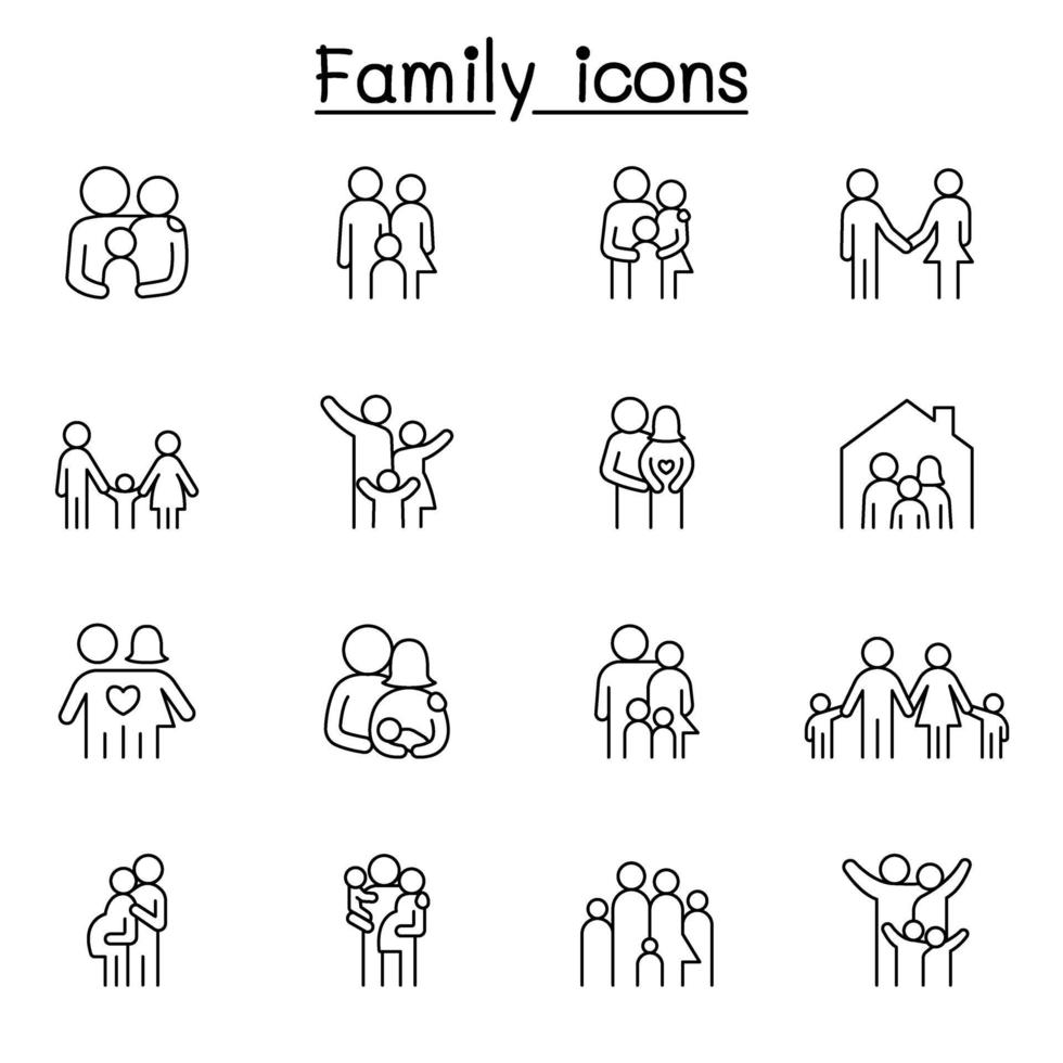 familie pictogrammenset in dunne lijnstijl vector