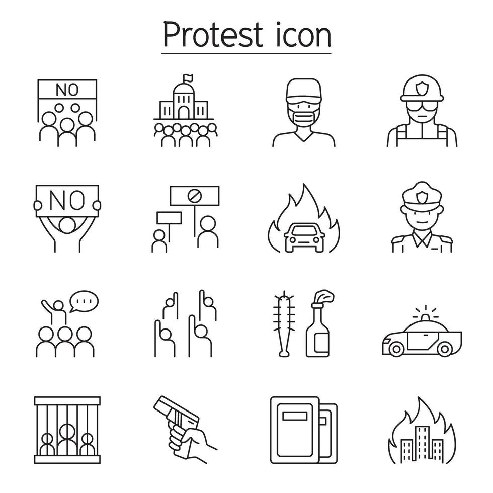 protest, revolutie, staking, pictogrammenset in dunne lijnstijl vector