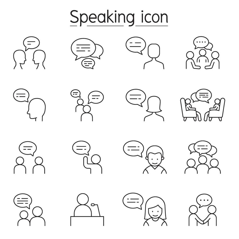 praten, spraak, discussie, dialoog, spreken, chat, conferentie, vergadering pictogrammenset in dunne lijnstijl vector