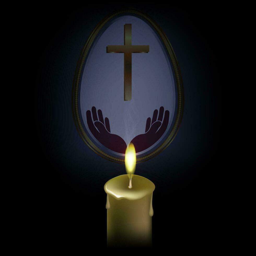 donker Pasen samenstelling met de silhouet van een wit ei met een kruis en handen, een brandend kaars met saai rook. vector