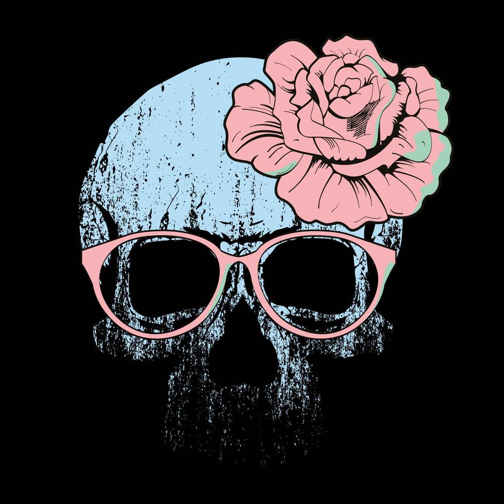 vector illustratie van een schedel met bril en een groot bloem Aan zijn voorhoofd geïsoleerd Aan zwart. ontwerp voor t-shirts of affiches.