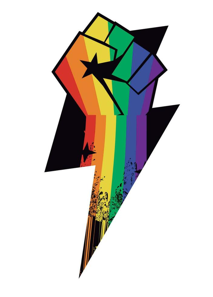 t-shirt ontwerp van een vuist met de kleuren van de regenboog en de symbool van donder. vector illustratie voor zwart geschiedenis maand. homo trots poster