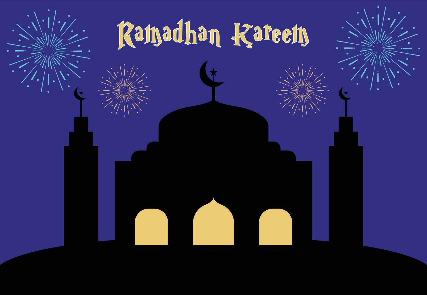 Ramadan kareem maand concept met moskee Aan heuvel en feestelijk voetzoekers Bij nacht. vectoren, illustraties en achtergronden. vector